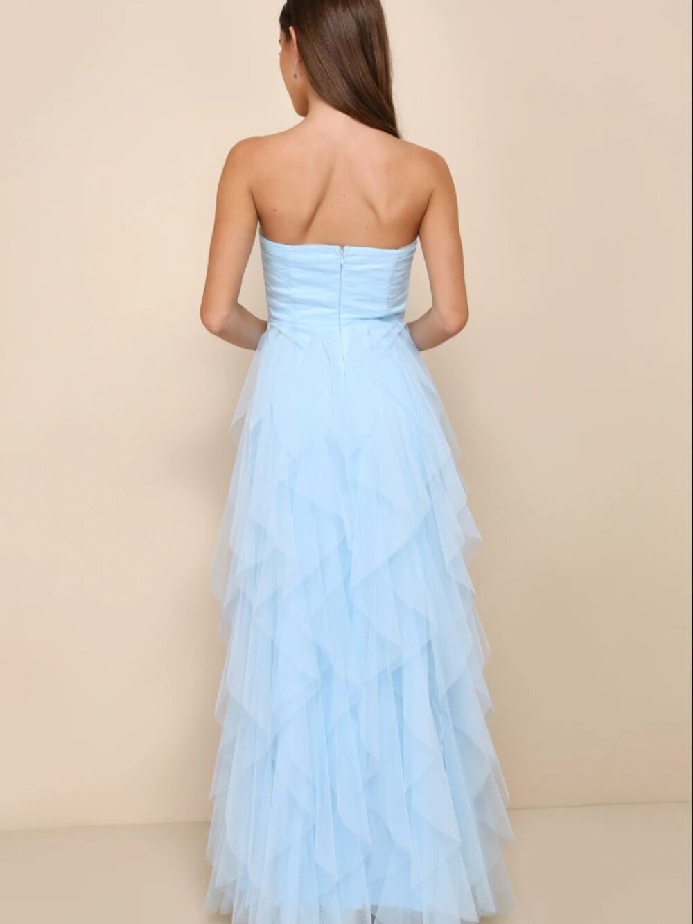 Lulus Delightful Beauty Blue Mesh Strapless Ruched Ruffled Maxi Dress - Small - Picture 4 of 4
